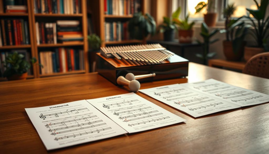 A beautifully arranged display of standard and alternative tuning tables for kalimba, elegantly laid out on a polished wooden table. In the foreground, detailed tuning charts are neatly aligned, showcasing vibrant notes and symbols. The middle ground features a kalimba with gleaming keys, reflecting the light, while a pair of tuning hammers rests beside it, emphasizing the precision of tuning. The background is softly blurred, depicting a serene music room with shelves filled with music books and potted plants, creating a warm and inviting atmosphere. The image is well-lit, with a soft golden hour glow that enhances the natural wood textures, focusing attention on the kalimba and the tuning tables, evoking a sense of creativity and harmony. A beautifully arranged display of standard and alternative tuning tables for kalimba, elegantly laid out on a polished wooden table. In the foreground, detailed tuning charts are neatly aligned, showcasing vibrant notes and symbols. The middle ground features a kalimba with gleaming keys, reflecting the light, while a pair of tuning hammers rests beside it, emphasizing the precision of tuning. The background is softly blurred, depicting a serene music room with shelves filled with music books and potted plants, creating a warm and inviting atmosphere. The image is well-lit, with a soft golden hour glow that enhances the natural wood textures, focusing attention on the kalimba and the tuning tables, evoking a sense of creativity and harmony.
