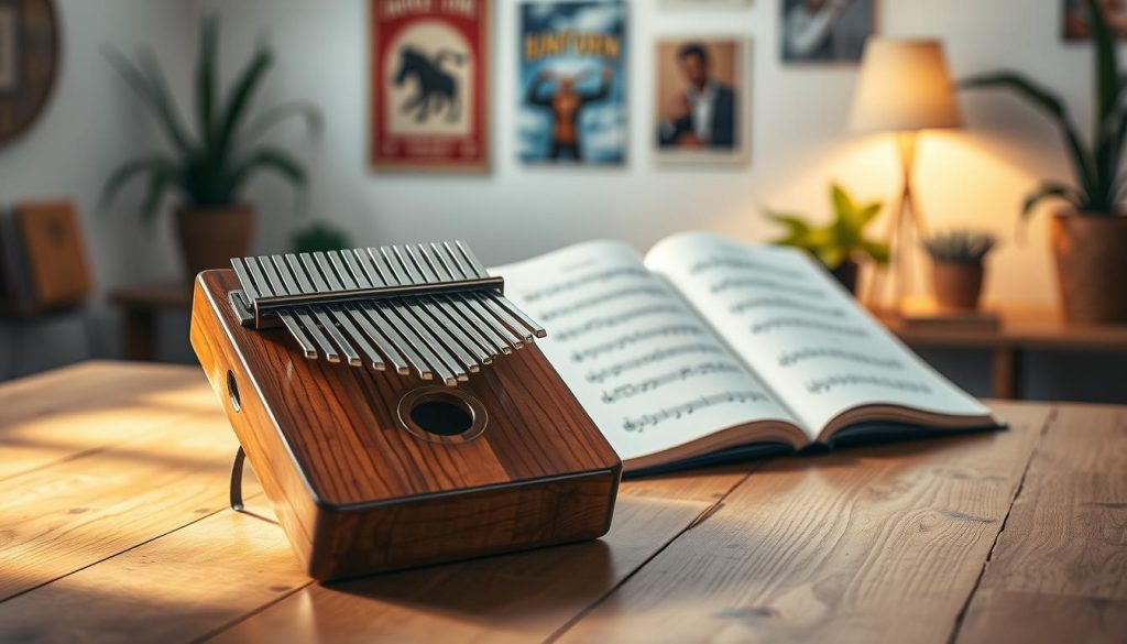 A beautifully crafted kalimba displayed prominently in the foreground, showcasing its wooden texture and vibrant tuning pegs. The kalimba is set on a rustic wooden table, illuminated by soft, warm lighting that casts gentle shadows, creating a cozy and inviting atmosphere. In the middle ground, an open music book lies next to the kalimba, featuring simple, beginner-friendly notes, slightly blurred to emphasize the instrument. The background reveals a softly blurred room adorned with musical posters and plants, enhancing the feeling of a beginner's learning space. The composition evokes a sense of encouragement and accessibility, ideal for conveying why the kalimba is perfect for newcomers to music. The overall mood is warm, inspiring, and approachable, urging viewers to explore this delightful instrument. A beautifully crafted kalimba displayed prominently in the foreground, showcasing its wooden texture and vibrant tuning pegs. The kalimba is set on a rustic wooden table, illuminated by soft, warm lighting that casts gentle shadows, creating a cozy and inviting atmosphere. In the middle ground, an open music book lies next to the kalimba, featuring simple, beginner-friendly notes, slightly blurred to emphasize the instrument. The background reveals a softly blurred room adorned with musical posters and plants, enhancing the feeling of a beginner's learning space. The composition evokes a sense of encouragement and accessibility, ideal for conveying why the kalimba is perfect for newcomers to music. The overall mood is warm, inspiring, and approachable, urging viewers to explore this delightful instrument.
