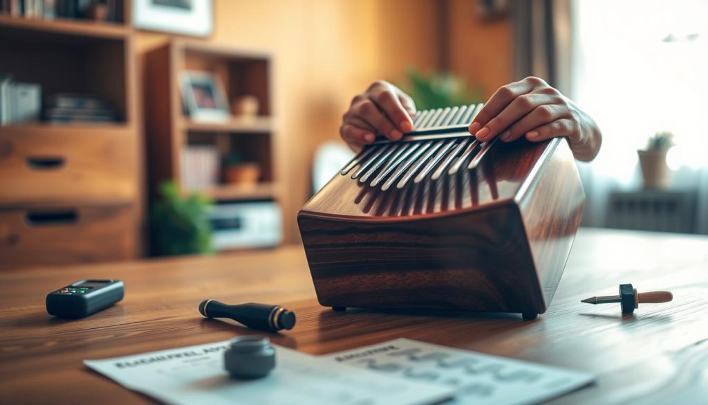 A close-up of a beautifully crafted kalimba sitting on a wooden table, with hands gently tuning its tines, showcasing a focused expression of determination. In the background, soft natural light filters through a nearby window, illuminating the serene atmosphere of a cozy workspace. On the table, small tools like a tuner, a tuning hammer, and adjustment charts are scattered, hinting at common post-tuning issues. The warm wood textures contrast with the smooth, vibrant colors of the kalimba, creating a calm and engaging mood. The image is captured with a shallow depth of field, emphasizing the kalimba and the tuning process, while softly blurring the background to create a sense of intimacy and focus on the solutions to tuning challenges. A close-up of a beautifully crafted kalimba sitting on a wooden table, with hands gently tuning its tines, showcasing a focused expression of determination. In the background, soft natural light filters through a nearby window, illuminating the serene atmosphere of a cozy workspace. On the table, small tools like a tuner, a tuning hammer, and adjustment charts are scattered, hinting at common post-tuning issues. The warm wood textures contrast with the smooth, vibrant colors of the kalimba, creating a calm and engaging mood. The image is captured with a shallow depth of field, emphasizing the kalimba and the tuning process, while softly blurring the background to create a sense of intimacy and focus on the solutions to tuning challenges.