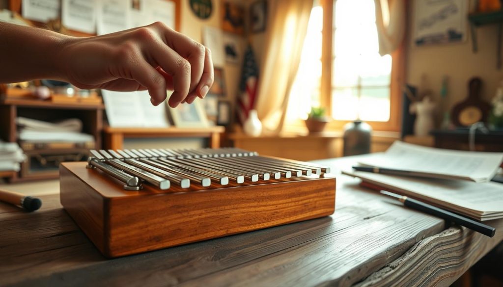 A close-up scene depicting the maintenance and tuning of a kalimba, featuring a beautifully crafted wooden kalimba with gleaming metal tines resting on a rustic wooden table. In the foreground, a pair of hands delicately adjusting the tuning pegs, showcasing the precision of the tuning process. The background reveals a softly lit cozy room, adorned with music sheets and various musical tools, creating an inviting atmosphere. Warm, natural light filters through a nearby window, casting a gentle glow on the scene. The overall mood is serene and focused, reflecting the care involved in instrument upkeep. Emphasize the textures of the kalimba and the hands, highlighting the connection between a musician and their instrument. A close-up scene depicting the maintenance and tuning of a kalimba, featuring a beautifully crafted wooden kalimba with gleaming metal tines resting on a rustic wooden table. In the foreground, a pair of hands delicately adjusting the tuning pegs, showcasing the precision of the tuning process. The background reveals a softly lit cozy room, adorned with music sheets and various musical tools, creating an inviting atmosphere. Warm, natural light filters through a nearby window, casting a gentle glow on the scene. The overall mood is serene and focused, reflecting the care involved in instrument upkeep. Emphasize the textures of the kalimba and the hands, highlighting the connection between a musician and their instrument.