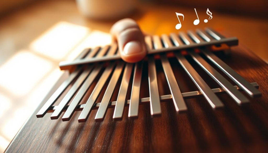 A close-up view of a beautifully crafted kalimba, showcasing its wooden body and metal tines of varying lengths. In the foreground, emphasize the longer tines, which are distinctly thicker, reflecting light to illustrate their relationship with frequency. The middle section features a hand gently pressing a key, demonstrating interaction with the kalimba, while hints of musical notes can be seen wafting upwards. The background is softly blurred, with a warm, inviting light illuminating the scene, creating a serene atmosphere. The color palette should consist of rich browns and golds, adding to the overall warmth. The angle should be slightly above eye level, capturing the intricacies of the instrument and highlighting its craftsmanship. A close-up view of a beautifully crafted kalimba, showcasing its wooden body and metal tines of varying lengths. In the foreground, emphasize the longer tines, which are distinctly thicker, reflecting light to illustrate their relationship with frequency. The middle section features a hand gently pressing a key, demonstrating interaction with the kalimba, while hints of musical notes can be seen wafting upwards. The background is softly blurred, with a warm, inviting light illuminating the scene, creating a serene atmosphere. The color palette should consist of rich browns and golds, adding to the overall warmth. The angle should be slightly above eye level, capturing the intricacies of the instrument and highlighting its craftsmanship.