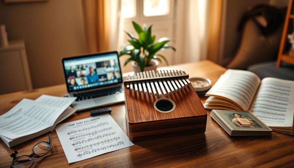 A serene and inspiring workspace for practicing the kalimba, featuring a beautifully polished kalimba centered on a sturdy wooden table. Around it, an array of useful resources, including colorful sheet music, a laptop with instructional videos displayed, and a small, open book with tips for beginners. In the background, a soft-focus cozy room with warm lighting, gentle sunlight filtering through a window, casting a golden hue. A calming indoor plant adds a touch of nature, contributing to the relaxed atmosphere. The composition highlights the practical tools, conveying a sense of progression and creativity. The angle is slightly elevated, providing a comprehensive view of the setting, emphasizing usability and inspiration for aspiring kalimba players. A serene and inspiring workspace for practicing the kalimba, featuring a beautifully polished kalimba centered on a sturdy wooden table. Around it, an array of useful resources, including colorful sheet music, a laptop with instructional videos displayed, and a small, open book with tips for beginners. In the background, a soft-focus cozy room with warm lighting, gentle sunlight filtering through a window, casting a golden hue. A calming indoor plant adds a touch of nature, contributing to the relaxed atmosphere. The composition highlights the practical tools, conveying a sense of progression and creativity. The angle is slightly elevated, providing a comprehensive view of the setting, emphasizing usability and inspiration for aspiring kalimba players.