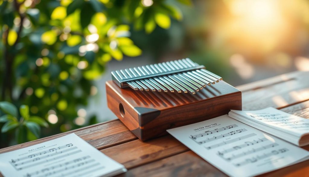 A serene and inviting scene featuring a beautifully crafted kalimba resting on a rustic wooden table. The kalimba is made of rich mahogany with shiny metal tines, glimmering softly in the warm light. In the foreground, there are a few sheet music pages with simple melodies, showcasing easy tunes for beginners. The middle ground features soft, blurred greenery, reminiscent of a peaceful outdoor setting, enhancing the tranquil atmosphere. In the background, gentle sunlight filters through leaves, casting dappled shadows and creating a calm, inspirational mood. The overall image should evoke a sense of comfort and accessibility, appealing to those eager to learn the kalimba. A serene and inviting scene featuring a beautifully crafted kalimba resting on a rustic wooden table. The kalimba is made of rich mahogany with shiny metal tines, glimmering softly in the warm light. In the foreground, there are a few sheet music pages with simple melodies, showcasing easy tunes for beginners. The middle ground features soft, blurred greenery, reminiscent of a peaceful outdoor setting, enhancing the tranquil atmosphere. In the background, gentle sunlight filters through leaves, casting dappled shadows and creating a calm, inspirational mood. The overall image should evoke a sense of comfort and accessibility, appealing to those eager to learn the kalimba.