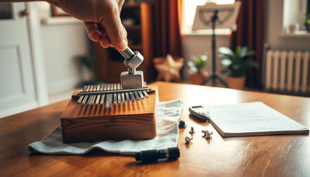 A serene workspace set up for tuning a kalimba, featuring a beautifully crafted wooden kalimba placed on a polished wooden table. In the foreground, a gentle hand holds a tuning hammer delicately above the kalimba, poised to adjust the tines. In the middle ground, a soft cloth serves as a surface to protect the instrument, surrounded by small tuning pegs, a tuner, and a notebook with notes on tuning. The background is softly blurred, showcasing a cozy room with warm, natural light filtering through a window, illuminating a few potted plants and a music stand. The atmosphere is calm and focused, evoking a sense of preparation and anticipation for the tuning process. The image captures the essence of attention to detail and care in setting up for an important musical task. A serene workspace set up for tuning a kalimba, featuring a beautifully crafted wooden kalimba placed on a polished wooden table. In the foreground, a gentle hand holds a tuning hammer delicately above the kalimba, poised to adjust the tines. In the middle ground, a soft cloth serves as a surface to protect the instrument, surrounded by small tuning pegs, a tuner, and a notebook with notes on tuning. The background is softly blurred, showcasing a cozy room with warm, natural light filtering through a window, illuminating a few potted plants and a music stand. The atmosphere is calm and focused, evoking a sense of preparation and anticipation for the tuning process. The image captures the essence of attention to detail and care in setting up for an important musical task.