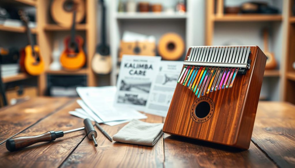 A beautifully arranged scene showcasing the essential accessories for maintaining and practicing with a 21-note kalimba. In the foreground, place a polished wooden kalimba with vibrant, colorful steel tines gleaming under warm, soft lighting. Beside it, a selection of tools: a tuning hammer, cleaning cloth, and a small tuning fork, all artistically laid out on a rustic wooden table. In the middle, slightly blurred, a set of instructional sheets on kalimba care and techniques can be subtly included. The background features a softly blurred music room ambiance with shelves holding various musical instruments, enhancing the atmosphere of creativity and practice. Aim for a cozy, inviting mood that inspires joy in music-making, captured with a shallow depth of field to focus on the kalimba and its accessories, using a warm color palette. A beautifully arranged scene showcasing the essential accessories for maintaining and practicing with a 21-note kalimba. In the foreground, place a polished wooden kalimba with vibrant, colorful steel tines gleaming under warm, soft lighting. Beside it, a selection of tools: a tuning hammer, cleaning cloth, and a small tuning fork, all artistically laid out on a rustic wooden table. In the middle, slightly blurred, a set of instructional sheets on kalimba care and techniques can be subtly included. The background features a softly blurred music room ambiance with shelves holding various musical instruments, enhancing the atmosphere of creativity and practice. Aim for a cozy, inviting mood that inspires joy in music-making, captured with a shallow depth of field to focus on the kalimba and its accessories, using a warm color palette.