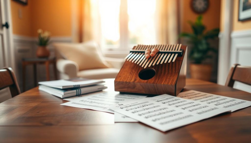A beautifully arranged setting showcasing a 17-note kalimba and its tablature sheets on a wooden table. In the foreground, the kalimba, made of polished wood with vibrant, colorful keys, is positioned prominently with a pair of fingers gently placed above the keys, highlighting the playing technique. Surrounding the kalimba, the tablature sheets display clear, easy-to-read notes and symbols, neatly organized. The background is softly blurred, featuring a warm, cozy room with gentle lighting that creates an inviting atmosphere. Natural sunlight filters through a nearby window, casting soft shadows and enhancing the warm tones. The overall mood is educational and serene, perfect for illustrating a section on kalimba tablature reading.