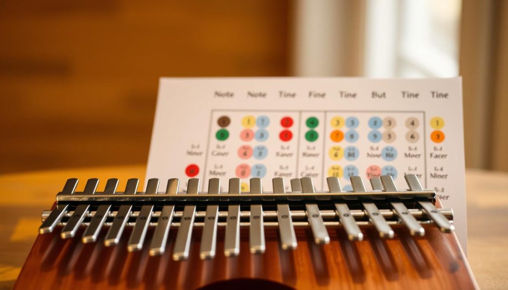 A beautifully arranged tableau showcasing the correspondence of notes and metal tines for a kalimba. In the foreground, display a wooden kalimba with shiny, polished tines reflecting soft, natural light. Each tine is numbered and corresponds to a color-coded note representation on an elegantly designed chart beside it. The middle ground features a well-organized layout, emphasizing clear connections between notes and their respective tines. The background is softly blurred to keep the focus on the kalimba and chart, with warm, ambient lighting creating a serene and inviting atmosphere. Ensure a professional aesthetic without any clutter, ideal for educational purposes. A beautifully arranged tableau showcasing the correspondence of notes and metal tines for a kalimba. In the foreground, display a wooden kalimba with shiny, polished tines reflecting soft, natural light. Each tine is numbered and corresponds to a color-coded note representation on an elegantly designed chart beside it. The middle ground features a well-organized layout, emphasizing clear connections between notes and their respective tines. The background is softly blurred to keep the focus on the kalimba and chart, with warm, ambient lighting creating a serene and inviting atmosphere. Ensure a professional aesthetic without any clutter, ideal for educational purposes.