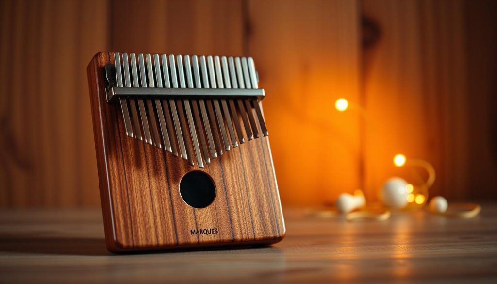 A beautifully crafted Marques kalimba with 21 vibrant metal tines, prominently displayed in the foreground against a soft, blurred wooden background. The kalimba is positioned at a slight angle to highlight its intricate details, such as the polished natural wood finish and the glimmering tines reflecting soft ambient light. The scene is illuminated by warm, diffused lighting, creating an inviting and serene atmosphere. A shallow depth of field ensures the viewer's attention remains on the kalimba, while hints of musical notes in the background suggest a creative, artistic ambiance. The overall mood is peaceful and inspiring, perfect for showcasing the elegance and craftsmanship of the instrument. A beautifully crafted Marques kalimba with 21 vibrant metal tines, prominently displayed in the foreground against a soft, blurred wooden background. The kalimba is positioned at a slight angle to highlight its intricate details, such as the polished natural wood finish and the glimmering tines reflecting soft ambient light. The scene is illuminated by warm, diffused lighting, creating an inviting and serene atmosphere. A shallow depth of field ensures the viewer's attention remains on the kalimba, while hints of musical notes in the background suggest a creative, artistic ambiance. The overall mood is peaceful and inspiring, perfect for showcasing the elegance and craftsmanship of the instrument.