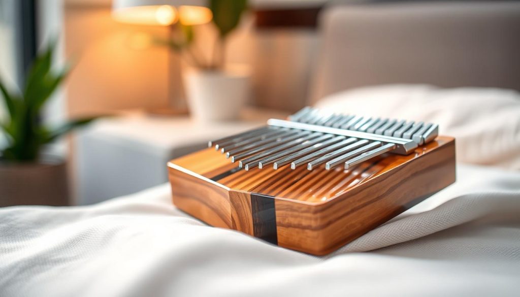 A beautifully crafted kalimba, showcasing a harmonious blend of natural wood and sleek acrylic materials. The foreground features the kalimba resting elegantly on a soft, textured fabric, highlighting the contrasting colors of the warm wood grains against the clear, polished acrylic. In the middle, focus on the 17 metal tines glimmering softly, reflecting the warm ambient light, emphasizing their fine craftsmanship. The background is softly blurred, featuring a serene indoor setting with gentle, diffused lighting, perhaps a hint of greenery to imply a calm atmosphere. The overall mood is inviting and warm, perfect for music enthusiasts exploring the differences in materials for their kalimba. Capture this from a slightly elevated angle to emphasize the depth and detailing of the instrument. A beautifully crafted kalimba, showcasing a harmonious blend of natural wood and sleek acrylic materials. The foreground features the kalimba resting elegantly on a soft, textured fabric, highlighting the contrasting colors of the warm wood grains against the clear, polished acrylic. In the middle, focus on the 17 metal tines glimmering softly, reflecting the warm ambient light, emphasizing their fine craftsmanship. The background is softly blurred, featuring a serene indoor setting with gentle, diffused lighting, perhaps a hint of greenery to imply a calm atmosphere. The overall mood is inviting and warm, perfect for music enthusiasts exploring the differences in materials for their kalimba. Capture this from a slightly elevated angle to emphasize the depth and detailing of the instrument.