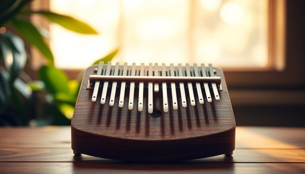 A beautifully crafted kalimba with 17 metal tines, displayed prominently in the foreground on a wooden table. The instrument should show its unique curved shape and the varying lengths of the tines, highlighting their arrangement and tonal differences. In the middle ground, soft, warm lighting creates a welcoming atmosphere, casting gentle shadows that enhance the details of the kalimba's surface and the wood grain of the table. In the background, there are hints of nature, like soft green leaves blurred out to emphasize the kalimba, evoking a sense of tranquility and connection to music. The overall mood is serene and inviting, perfect for those curious about the instrument's layout and charm. No text or distractions should be present.