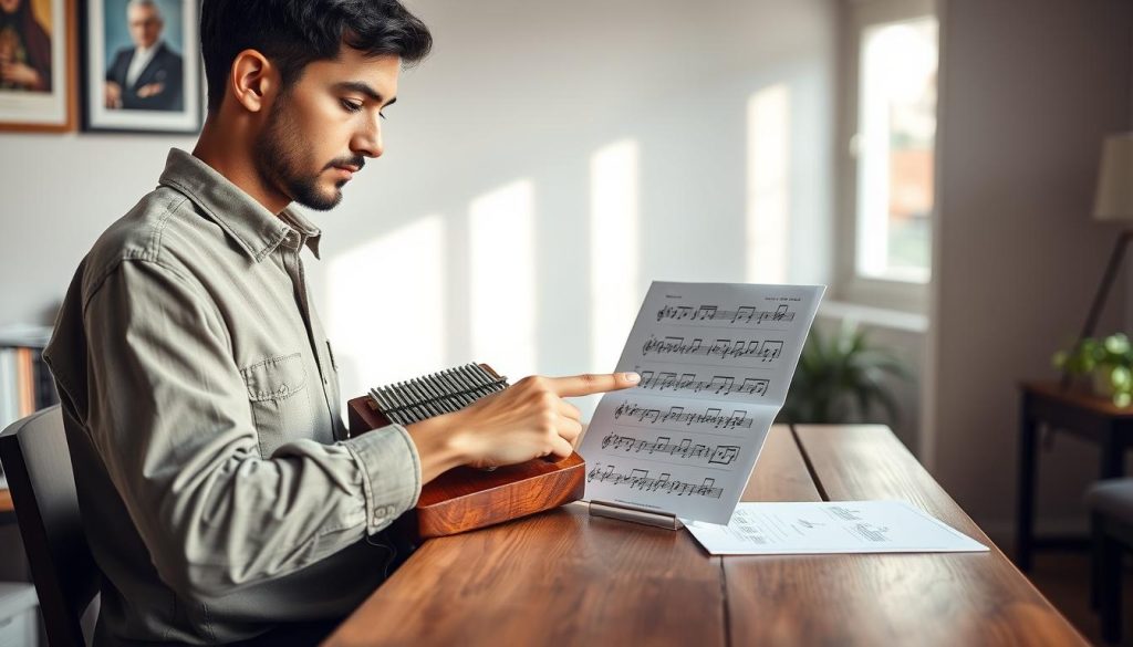 A calm study room featuring a professional, focused musician sitting at a wooden desk, intently reading kalimba tablatures and sheet music without traditional music notation. In the foreground, the musician, dressed in modest casual clothing, holds a kalimba while pointing at the tablature on a sheet. The middle layer includes a well-organized array of colorful kalimba notes, with clear visual representations of the tablature layout. In the background, soft natural light filters through a window, casting gentle shadows, creating a serene yet focused atmosphere. Use a shallow depth of field to create a blurred effect on the background, emphasizing the musician and the sheet music. The overall mood should be one of concentration and creativity, inspiring the viewer about the art of reading music without solfège. A calm study room featuring a professional, focused musician sitting at a wooden desk, intently reading kalimba tablatures and sheet music without traditional music notation. In the foreground, the musician, dressed in modest casual clothing, holds a kalimba while pointing at the tablature on a sheet. The middle layer includes a well-organized array of colorful kalimba notes, with clear visual representations of the tablature layout. In the background, soft natural light filters through a window, casting gentle shadows, creating a serene yet focused atmosphere. Use a shallow depth of field to create a blurred effect on the background, emphasizing the musician and the sheet music. The overall mood should be one of concentration and creativity, inspiring the viewer about the art of reading music without solfège.