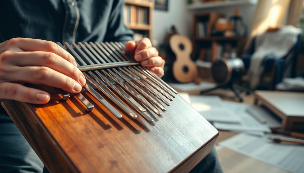 A close-up of a kalimba with 21 tines, showcasing its wooden body and metal keys, glistening under soft, natural lighting. In the foreground, a pair of hands, dressed in modest casual attire, are gently pressing the keys, reflecting a sense of exploration and curiosity. The middle ground features scattered sheet music, partially visible, indicating a learning process. In the background, a cozy room filled with musical instruments and bookshelves creates a warm, inviting atmosphere, emphasizing the journey of beginners and self-taught musicians. The overall mood conveys both challenge and joy, capturing the essence of mastering the kalimba. A close-up of a kalimba with 21 tines, showcasing its wooden body and metal keys, glistening under soft, natural lighting. In the foreground, a pair of hands, dressed in modest casual attire, are gently pressing the keys, reflecting a sense of exploration and curiosity. The middle ground features scattered sheet music, partially visible, indicating a learning process. In the background, a cozy room filled with musical instruments and bookshelves creates a warm, inviting atmosphere, emphasizing the journey of beginners and self-taught musicians. The overall mood conveys both challenge and joy, capturing the essence of mastering the kalimba.