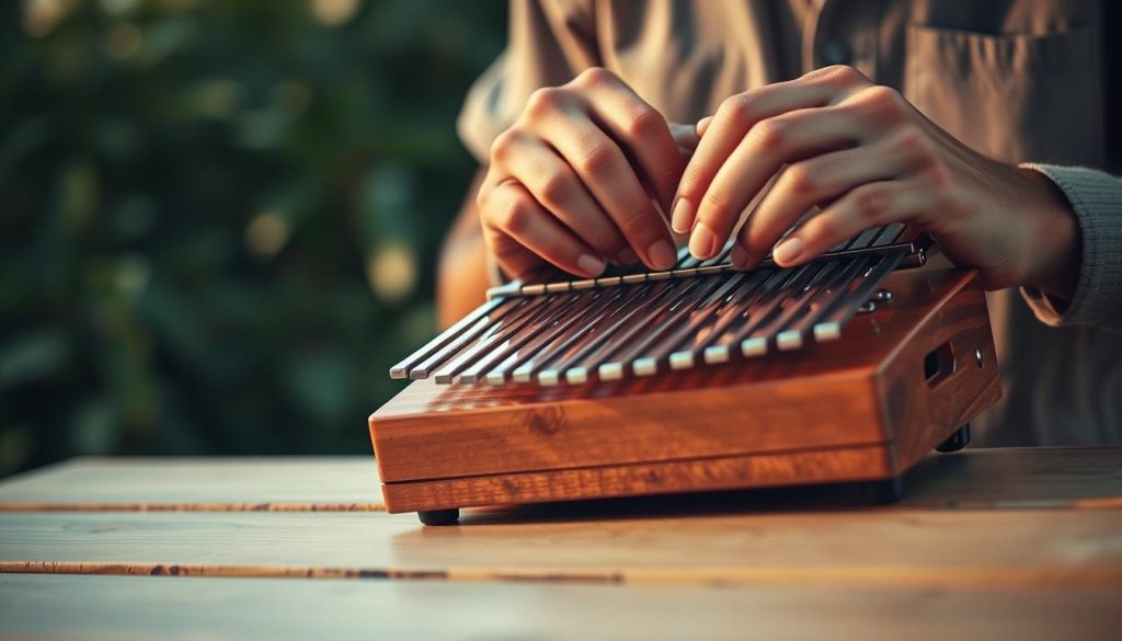 A close-up scene focused on a musician's hands adjusting the tines of a kalimba, set against a soft, natural background of a wooden table. The kalimba, with its 17 metal tines, should be prominently displayed, glistening under warm, ambient lighting that highlights the craftsmanship. In the background, gently blurred greenery suggests a peaceful outdoor setting, creating a calm atmosphere. The mood is focused and serene, embodying the precise nature of tuning the instrument. The musician wears a modest casual shirt, enhancing the relatable aspect of the activity. Capture the moment with a shallow depth of field, emphasizing the kalimba and hands while softly fading the background. A close-up scene focused on a musician's hands adjusting the tines of a kalimba, set against a soft, natural background of a wooden table. The kalimba, with its 17 metal tines, should be prominently displayed, glistening under warm, ambient lighting that highlights the craftsmanship. In the background, gently blurred greenery suggests a peaceful outdoor setting, creating a calm atmosphere. The mood is focused and serene, embodying the precise nature of tuning the instrument. The musician wears a modest casual shirt, enhancing the relatable aspect of the activity. Capture the moment with a shallow depth of field, emphasizing the kalimba and hands while softly fading the background.