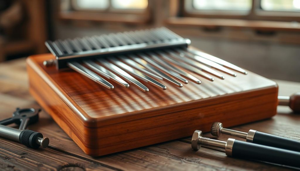 A close-up shot of a beautifully crafted 17-note kalimba, showcasing its wooden body and metal tines in meticulous detail. The kalimba is placed on a rustic wooden table, surrounded by tuning tools such as a tuner, a small hammer, and tuning forks. In the background, soft natural light filters through a window, creating a warm, inviting atmosphere. Gentle highlights glisten on the polished metal tines, emphasizing their precision and craftsmanship. The composition draws the viewer's eye towards the kalimba's layout, with a slight focus on the tuning tools to suggest the method and expertise needed for tuning. The mood is serene and focused, reflecting the dedication to musical craftsmanship. A close-up shot of a beautifully crafted 17-note kalimba, showcasing its wooden body and metal tines in meticulous detail. The kalimba is placed on a rustic wooden table, surrounded by tuning tools such as a tuner, a small hammer, and tuning forks. In the background, soft natural light filters through a window, creating a warm, inviting atmosphere. Gentle highlights glisten on the polished metal tines, emphasizing their precision and craftsmanship. The composition draws the viewer's eye towards the kalimba's layout, with a slight focus on the tuning tools to suggest the method and expertise needed for tuning. The mood is serene and focused, reflecting the dedication to musical craftsmanship.
