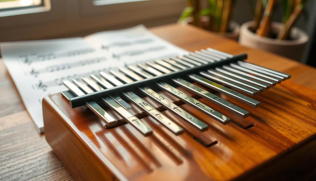 A close-up view of a beautifully crafted kalimba placed on a wooden table, showcasing the arrangement of metal tines and their corresponding notes. The kalimba is polished, with a warm wood finish that reflects soft, natural lighting from a nearby window, creating a serene atmosphere. In the foreground, focus on the tines, highlighting their varying lengths and the engraved note symbols above each one. The middle ground features a blurred sheet of music displaying kalimba notes, subtly emphasizing the musical aspect. The background is softly lit, with hints of bamboo plants to provide a calming, organic feel. The overall mood is inviting and educational, perfect for illustrating the understanding of kalimba notes and tine arrangements. A close-up view of a beautifully crafted kalimba placed on a wooden table, showcasing the arrangement of metal tines and their corresponding notes. The kalimba is polished, with a warm wood finish that reflects soft, natural lighting from a nearby window, creating a serene atmosphere. In the foreground, focus on the tines, highlighting their varying lengths and the engraved note symbols above each one. The middle ground features a blurred sheet of music displaying kalimba notes, subtly emphasizing the musical aspect. The background is softly lit, with hints of bamboo plants to provide a calming, organic feel. The overall mood is inviting and educational, perfect for illustrating the understanding of kalimba notes and tine arrangements.