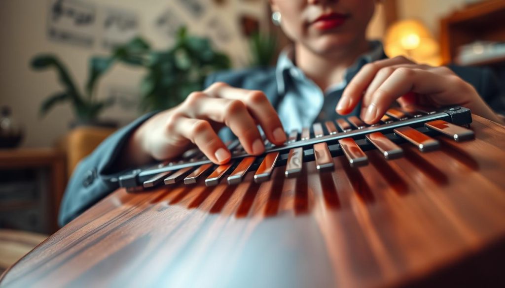 A close-up view of a kalimba being played by a person with delicate hands, showcasing essential playing techniques like glissando, vibrato, and chords. The foreground features beautifully detailed wooden kalimba keys reflecting light, with fingers gracefully gliding over them. In the middle ground, the musician's focused expression emphasizes concentration and emotion, dressed in smart casual attire, suggesting a serene atmosphere of musical creativity. The background is softly blurred, hinting at a cozy room with warm lighting and musical notes scattered around. The overall mood is inviting and inspiring, portraying the joy and finesse of learning and playing the kalimba, perfect for illustrating essential techniques.