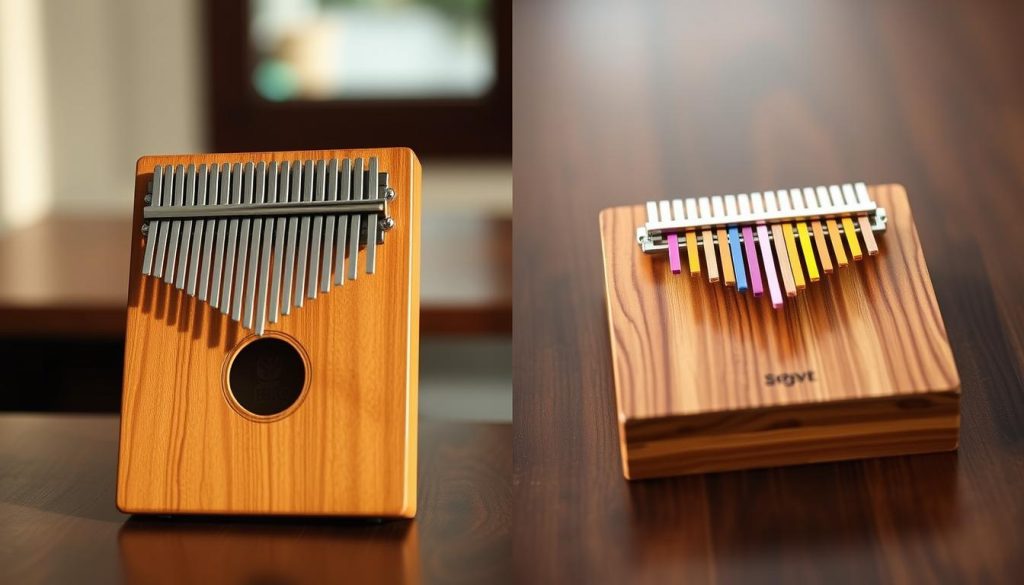 A detailed split image showcasing two distinct kalimba designs: on the left, a resonating body kalimba featuring a beautifully crafted wooden resonance box, with visible sound holes and natural wood textures under soft, warm lighting; on the right, a flat model kalimba presented in a minimalist style, emphasizing its sleek and modern design with vibrant, colorful keys. The foreground captures the instruments with a close-up view, while the middle ground highlights contrasting textures and materials. The background is softly blurred to create depth, featuring an elegant wooden table surface. The atmosphere is inviting and harmonious, ideal for illustrating the discussion of their respective advantages and uses. A detailed split image showcasing two distinct kalimba designs: on the left, a resonating body kalimba featuring a beautifully crafted wooden resonance box, with visible sound holes and natural wood textures under soft, warm lighting; on the right, a flat model kalimba presented in a minimalist style, emphasizing its sleek and modern design with vibrant, colorful keys. The foreground captures the instruments with a close-up view, while the middle ground highlights contrasting textures and materials. The background is softly blurred to create depth, featuring an elegant wooden table surface. The atmosphere is inviting and harmonious, ideal for illustrating the discussion of their respective advantages and uses.