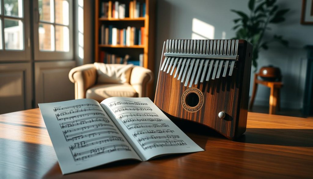 A serene indoor setting featuring a classic kalimba with 17 keys, placed prominently on a polished wooden table. In the foreground, an open sheet of classical music notation is elegantly displayed, with notes clearly visible and positioned for easy reading. Soft, natural light filters in from a nearby window, casting gentle shadows that enhance the warm tones of the wood and the subtle shine of the kalimba. In the background, a cozy bookshelf filled with music books and a comfortable armchair add to the inviting atmosphere, suggesting a space dedicated to learning and practice. The overall mood is calm and focused, ideal for a music lesson.