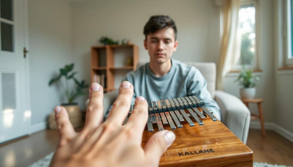 A serene indoor setting featuring a person demonstrating the proper technique for holding and playing a kalimba. The foreground showcases a close-up of hands gently positioned on the kalimba, fingers poised above the tines, conveying the notion of care and precision. In the middle, a focused individual, dressed in modest casual clothing, sits comfortably, illustrating an ideal posture with a relaxed yet attentive expression. Soft, warm light filters through a nearby window, creating a tranquil atmosphere. The background is a cozy, minimalistic room with natural elements, such as a small potted plant and bookshelves, enhancing the peaceful environment conducive to practicing music. The overall mood is inviting and instructional, promoting a sense of calm and focus on the art of playing the kalimba correctly. A serene indoor setting featuring a person demonstrating the proper technique for holding and playing a kalimba. The foreground showcases a close-up of hands gently positioned on the kalimba, fingers poised above the tines, conveying the notion of care and precision. In the middle, a focused individual, dressed in modest casual clothing, sits comfortably, illustrating an ideal posture with a relaxed yet attentive expression. Soft, warm light filters through a nearby window, creating a tranquil atmosphere. The background is a cozy, minimalistic room with natural elements, such as a small potted plant and bookshelves, enhancing the peaceful environment conducive to practicing music. The overall mood is inviting and instructional, promoting a sense of calm and focus on the art of playing the kalimba correctly.