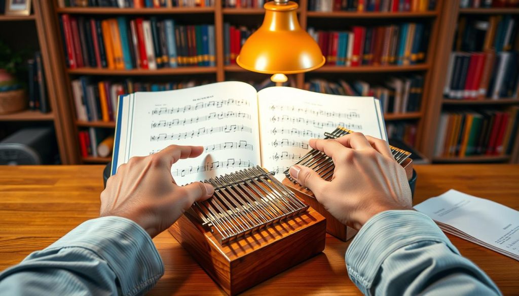 A well-lit, cozy study scene featuring a wooden kalimba resting on a polished desk, surrounded by an open music book displaying kalimba sheet music and tablature. In the foreground, a pair of hands, clad in casual yet neat attire, gently pointing at the notes, reflecting an engaging learning process. The middle ground includes a warm lamp casting soft light over the music, illuminating the complex yet inviting patterns of the sheet music. In the background, shelves filled with music theory books and colorful kalimbas of various sizes, enhancing the educational atmosphere. The overall mood is focused and inviting, evoking a sense of discovery and joy in learning music for the 17-tuned kalimba. A well-lit, cozy study scene featuring a wooden kalimba resting on a polished desk, surrounded by an open music book displaying kalimba sheet music and tablature. In the foreground, a pair of hands, clad in casual yet neat attire, gently pointing at the notes, reflecting an engaging learning process. The middle ground includes a warm lamp casting soft light over the music, illuminating the complex yet inviting patterns of the sheet music. In the background, shelves filled with music theory books and colorful kalimbas of various sizes, enhancing the educational atmosphere. The overall mood is focused and inviting, evoking a sense of discovery and joy in learning music for the 17-tuned kalimba.